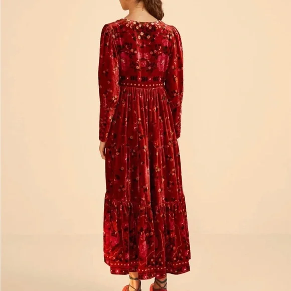 Farm Rio Romantic Garden Red Maxi Dress-small. Velvet - Picture 4 of 4